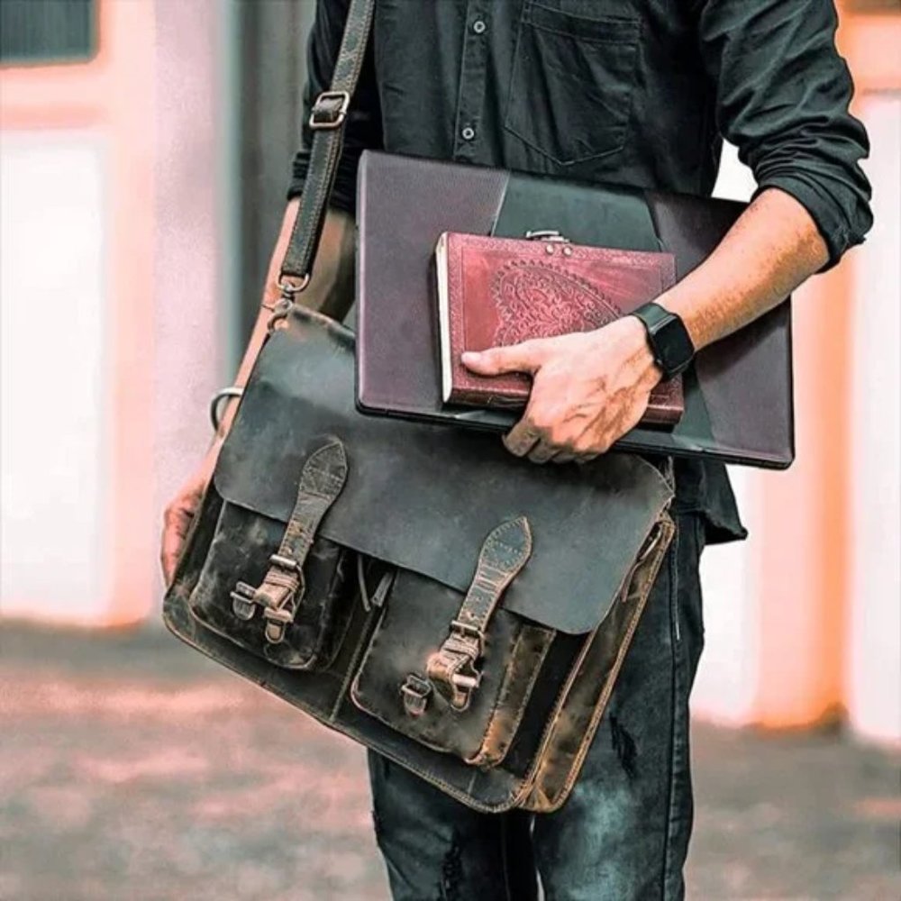 New Fullgrain Buffalo Leather Distressed Messenger Bag - Picture 2 of 16
